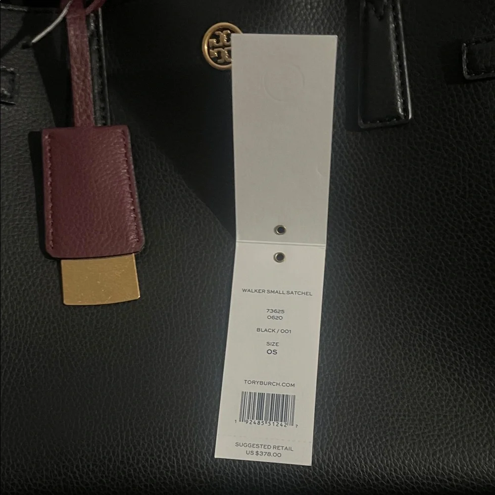 Tory Burch Black Satchel with Burgundy Tag and Gold Hardware